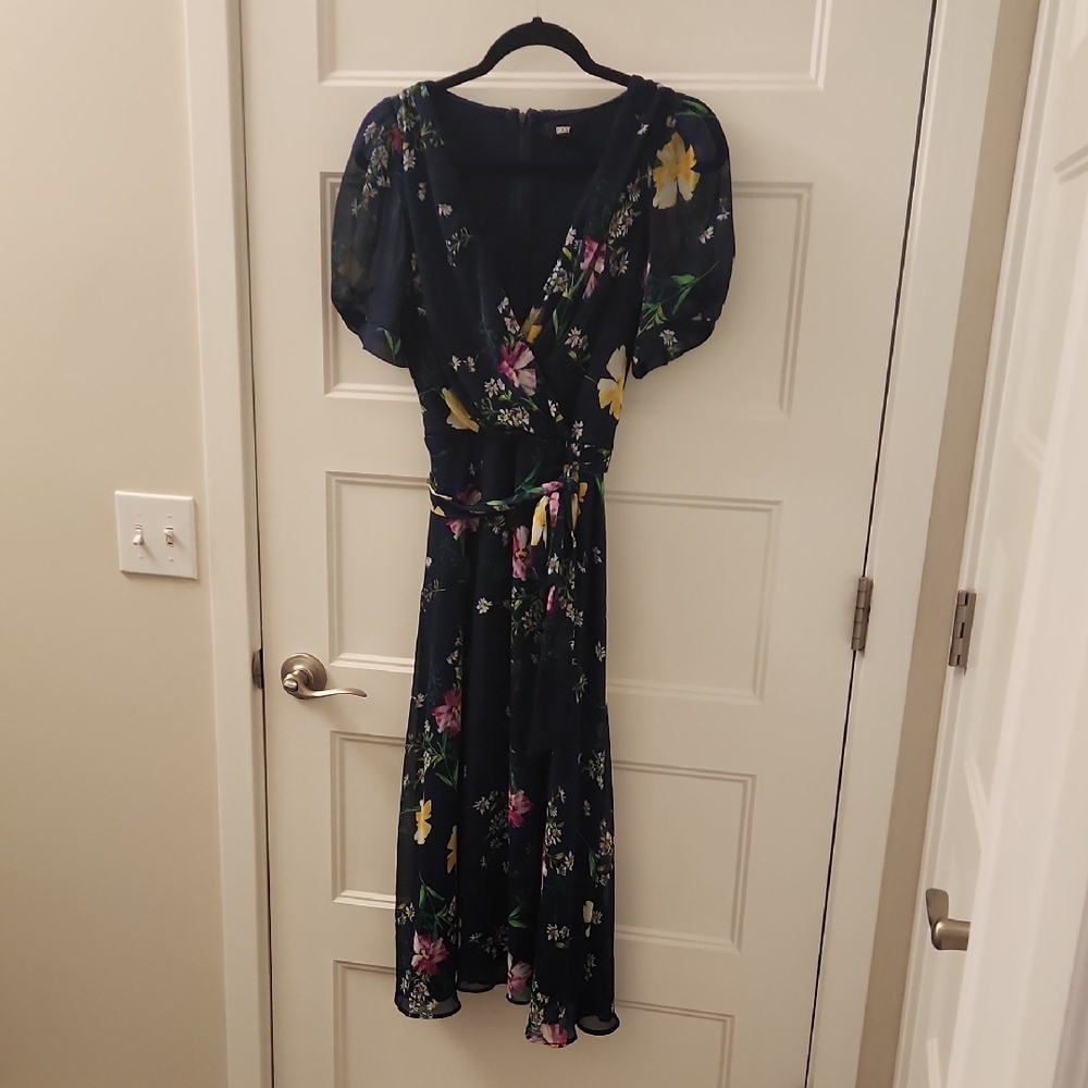 Dkny Blue and Purple Wrap Midi Dress with Puff Sleeves